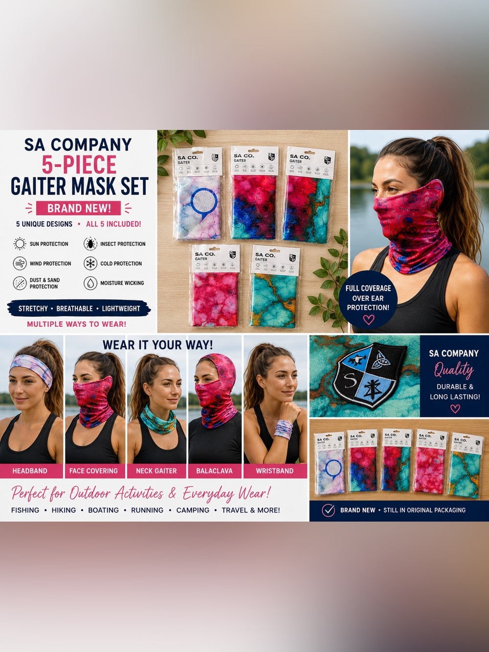 Colorful Tie-Dye Neck Gaiter / Face Mask Set of 5 New Face Coverings / shield
